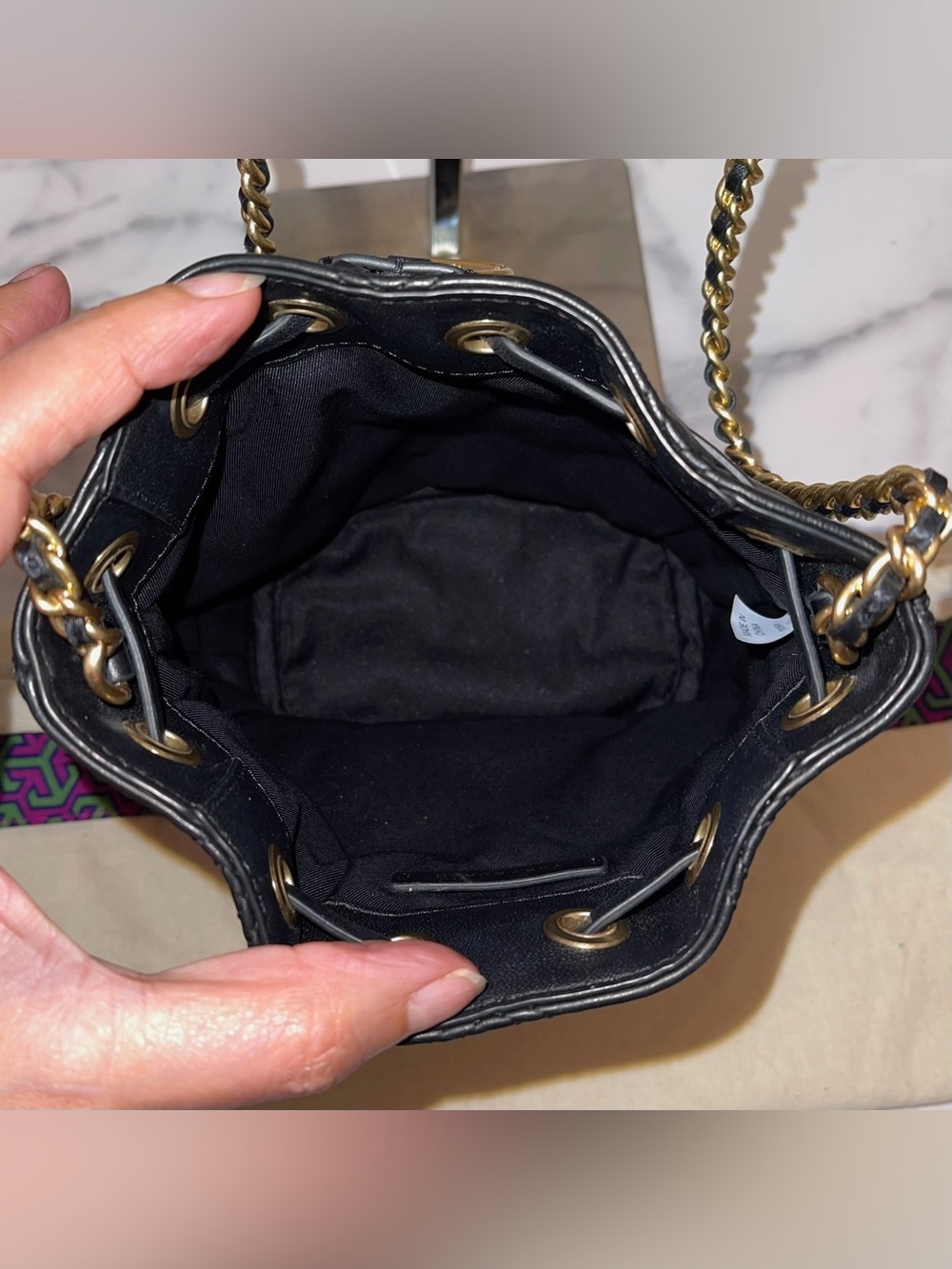 Tory Burch Fleming Soft Mini Bucket Bag Quilted Black EUC - Picture 6 of 10